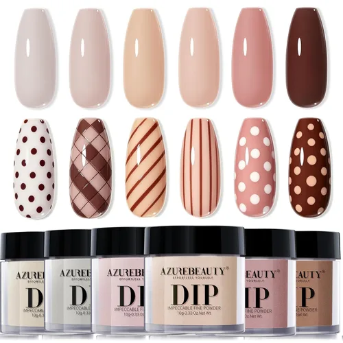 AzureBeauty Juego de uñas en polvo de inmersión, 6 colores marrón nude, tonos de piel, polvo de inmersión natural, arte de uñas francés, salón de