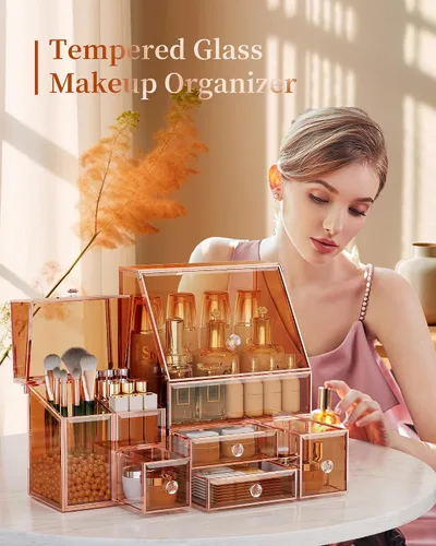 Miniatura 3 de Youdepot Caja de exhibición de maquillaje de vidrio para tocador y encimera de baño – Gran estuche de exhibición de cosméticos y solución