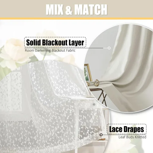 Miniatura 5 de Jubilantex Cortinas opacas completas + paneles de ventana transparentes con hojas, juego de tratamiento de ventana de doble capa estilo mezcla