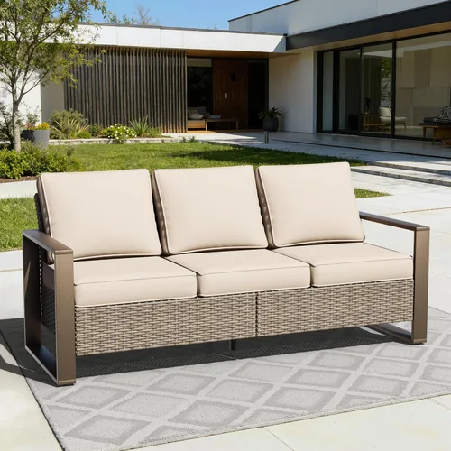 Miniatura 9 de Sofá de Mimbre Metálico para Patio de 75", Sofá Sillón de Ratán para Exteriores de 3 Asientos para Todo Tipo de Clima con Cojines Premium y Beige