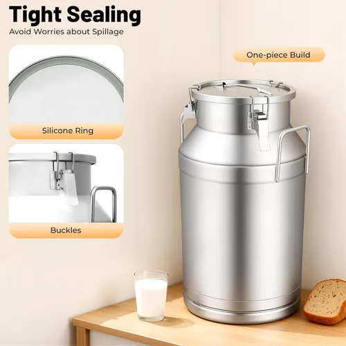 Miniatura 6 de Lata de leche de acero inoxidable de 40 litros/10.56 galones, cubo de jarra de leche resistente con mango ergonómico y tapa hermética, recipiente