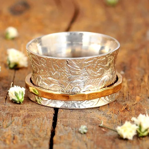 Miniatura 6 de Boho-Magic Anillo giratorio de plata de ley 925 para mujer con anillo antiestrés de latón, banda de flores