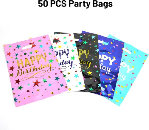 Miniatura 7 de HAPMARS 50 bolsas de regalo de fiesta de feliz cumpleaños para niños, pequeñas bolsas de plástico para dulces con asas para niños, bebés, niñas