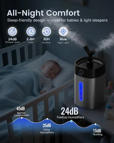 Miniatura 5 de Feekaa Humidificador de acero inoxidable fácil de limpiar, humidificadores de niebla fría de 1 galón/4 litros para dormitorio, apto