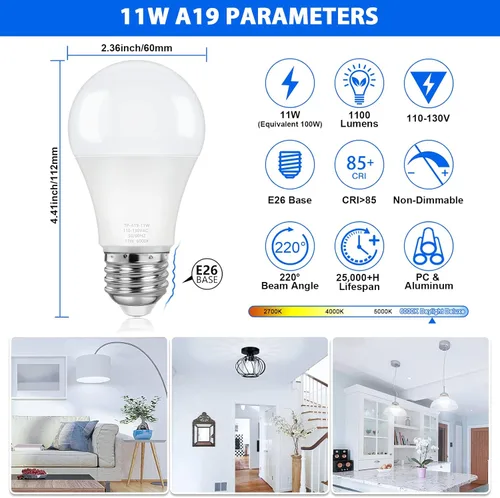 Miniatura 2 de ASOMST Paquete de 4 bombillas A19, bombilla LED equivalente a 100 W, blanco frío 6000K 1100LM 11W, base E26 no regulable, iluminación brillante, CRI