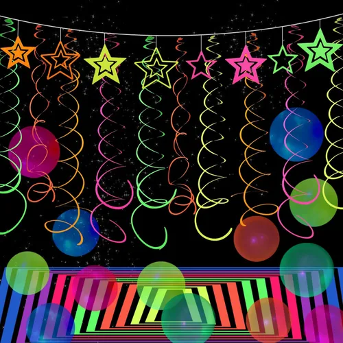 Miniatura 5 de 54 piezas de guirnaldas de papel en espiral colgantes UV con estrellas de neón, serpentinas brillantes, suministros y decoraciones de fiesta UV