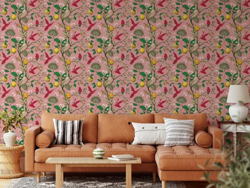 Miniatura 4 de Papel tapiz rosa de colibrí y árbol de limón Mural autoadhesivo extraíble de pájaros Papel tapiz botánico para despegar y pegar