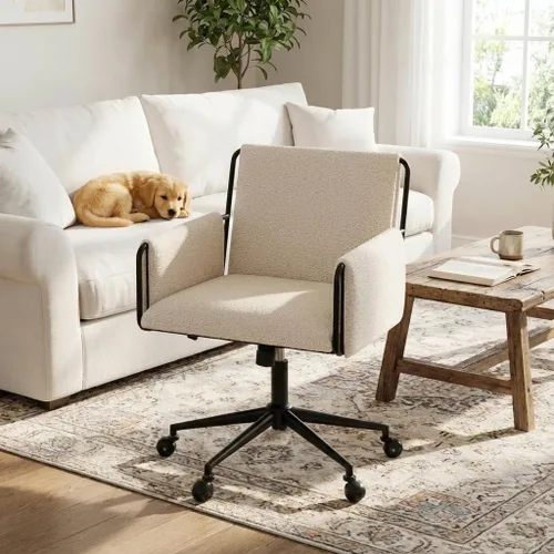Miniatura 7 de YOUNIKE Silla de oficina en casa con brazos, silla de escritorio moderna con ruedas, sillas de tocador de tela con cómodas patas cruzadas traseras
