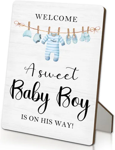 Miniatura 10 de Letrero azul de bienvenida para baby shower, mesa de ducha de niños y bebés, soporte de madera de 5 x 7 pulgadas, decoración de «A Sweet Baby Boy Is