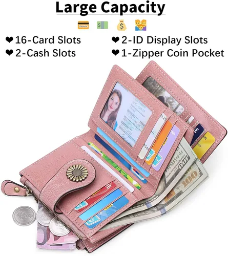 Miniatura 7 de SENDEFN - Billetera pequeña de piel auténtica para mujer, diseño plegable con ventana para tarjeta de identificación