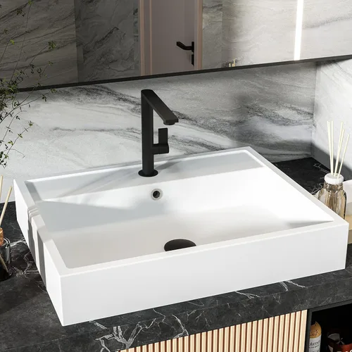 Miniatura 9 de Cpingao Lavabo de Recipiente Redondo de Baño de 17.7 Pulgadas, Lavabo Circular Sobre Encimera de Piedra Mate Moderno Lavabo de Arte para Gabinete