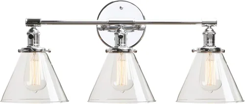 Miniatura 25 de PERMO Aplique doble cromado industrial de 2 luces, apliques de pared con pantalla de vidrio transparente acampanada en forma de embudo, luz