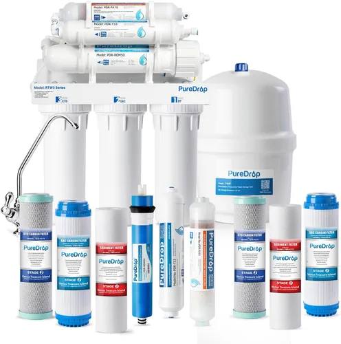 PureDrop RTW5AK Sistema de filtro de agua de ósmosis inversa alcalina probado por SGS, sistema de filtración de agua RO de 6 etapas con pH+ y
