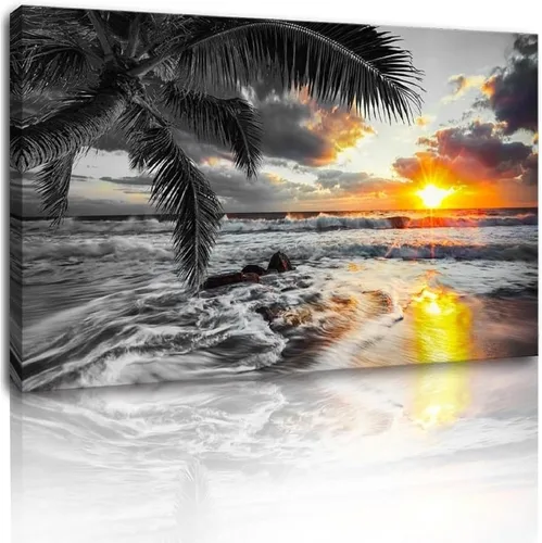 Miniatura 15 de Yxbhhym - Arte de pared en blanco y negro con temática de puesta de sol en la playa, decoración costera para la habitación, imagen del océano