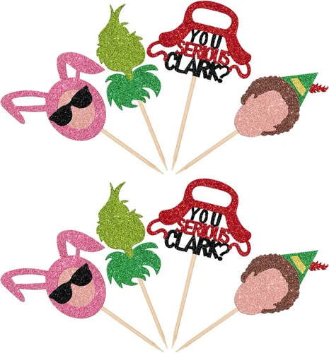 Miniatura 22 de 24 piezas de adornos para cupcakes de Navidad dorados verdes y rojos con purpurina, Papá Noel, árbol de Navidad, adornos para cupcakes para el tema