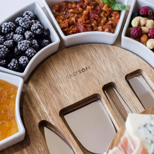 Miniatura 8 de ChefSofi Juego de tabla de charcutería y plato para servir queso, hecho de madera de acacia, juego de tabla de queso y cuchillos patentado por