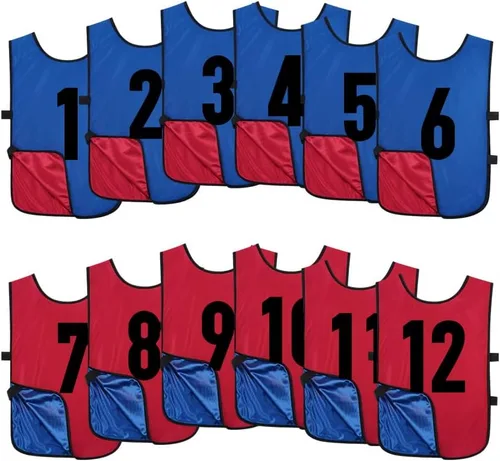 Paquete de 12 pinnies numerados reversibles, chaleco de doble cara, camisetas de práctica en equipo para niños y adultos Rojo/Azul oscuro