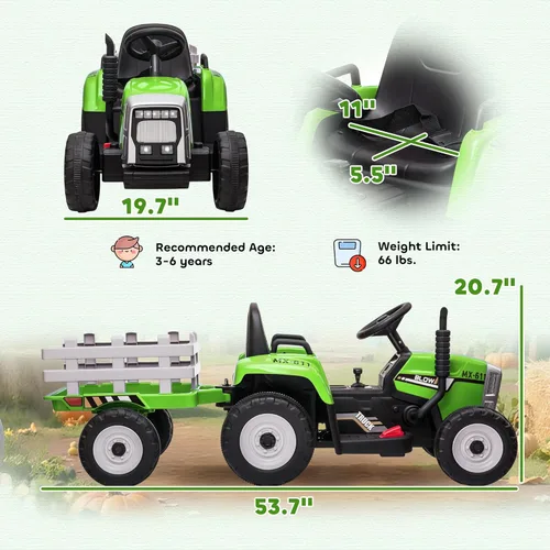 Miniatura 7 de Aosom Tractor de paseo de 12 V con remolque, motores duales de 25 W, tractor eléctrico a batería con control remoto, sonido de arranque de música