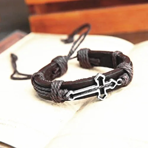 Miniatura 4 de brazalete negro con forma de cruz de cuero genuino para hombre
