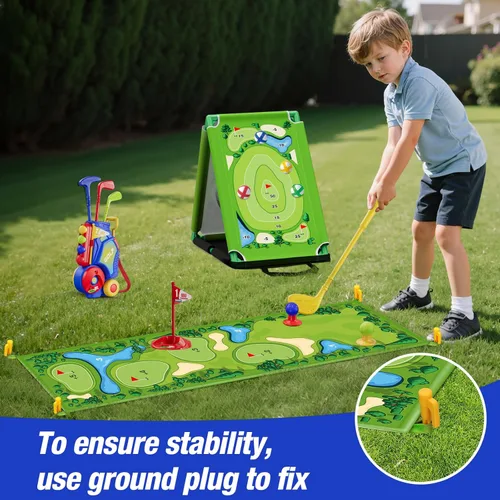Miniatura 6 de HYES Juego de golf 3 en 1 para niños pequeños con tapete de putting y juego de golf, club de golf para niños con 8 bolas, 4 palos de plástico