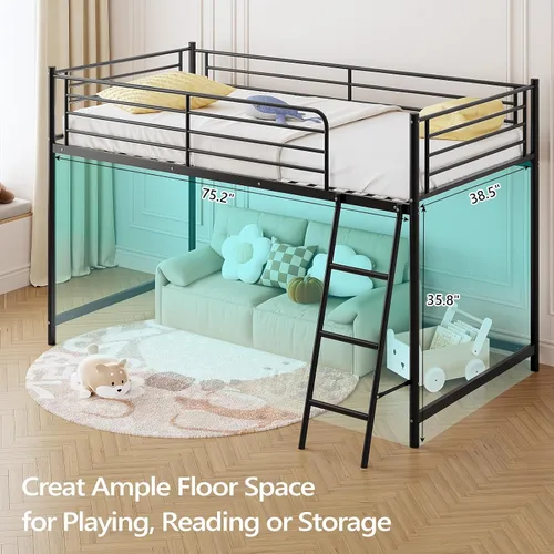 Miniatura 9 de Bonnlo Cama baja tipo loft tamaño individual, marco de cama individual de metal con escalera inclinada y barandillas de seguridad, diseño
