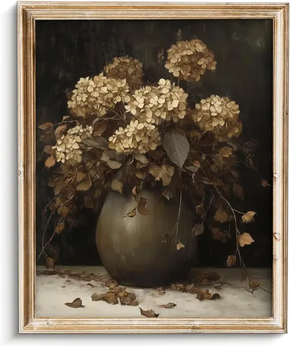 SQGGZH Arte de pared vintage con florero de flores secas, pinturas en lienzo rústicas oscuras de naturaleza muerta, decoración de pared imprimible