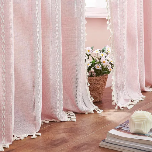 Miniatura 11 de 2 paneles de cortinas de lino semiopacas para ventana, bohemias y rústicas, con rayas bordadas y bolsillo para cortinero, para sala de estar