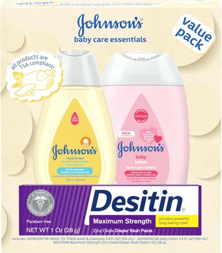 Johnson's Baby Care Essentials - Juego de regalo, loción corporal y pasta de óxido de zinc para la piel delicada del bebé, paquete económico, tamaño