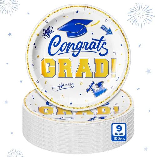 Sabary 100 platos de papel de graduación 2026 de 9 pulgadas, suministros para fiesta de graduación de clase de 2026, decoraciones de felicitaciones,