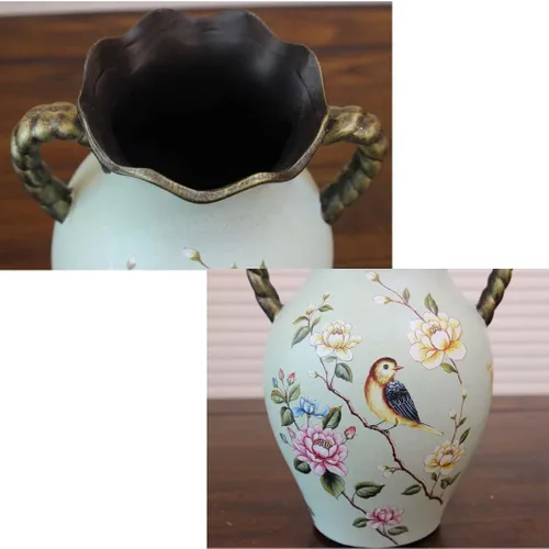 Miniatura 5 de ZHOUXIAO Jarrón moderno con asas de cerámica para decoración del hogar, diseño de pájaro de porcelana china tradicional verde, florero de flores