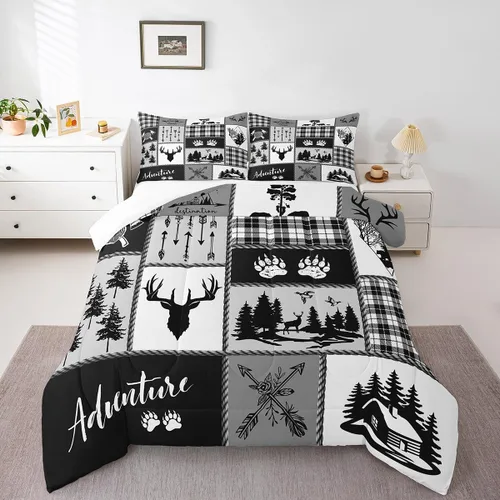 Miniatura 62 de Juego de edredón de cuernos de ciervo tamaño individual, juego de ropa de cama rústica de granja con huellas de oso y pinos para decoración