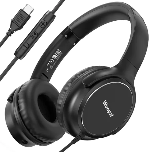 Auriculares con cable USB C sobre la oreja con micrófono, control de volumen, puerto compartido y diadema ajustable, auriculares estéreo plegables
