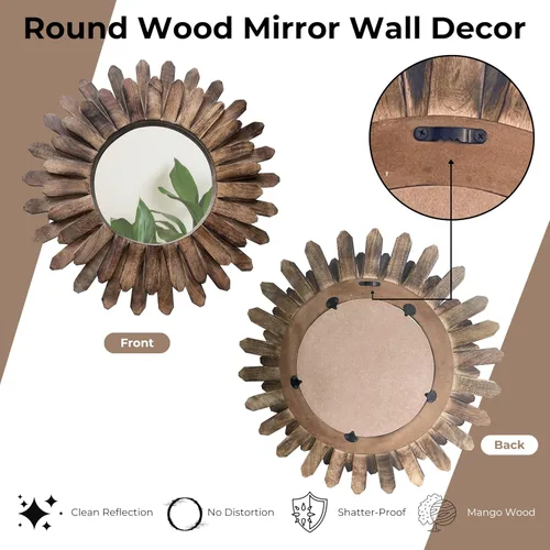 Miniatura 3 de Bedding Craft Espejo rústico redondo de madera con diseño de rayos de sol, de 18 pulgadas con acabado quemado – Accesorio bohemio para dormitorio