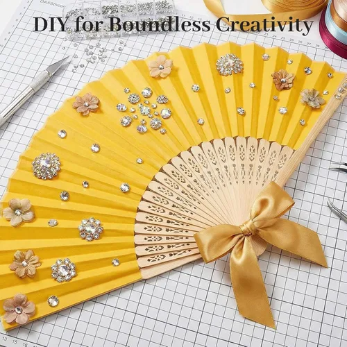 Miniatura 5 de JOHOUSE 12 abanicos de mano plegables, abanicos de papel amarillo de 8.3 pulgadas para decoraciones de fiesta de limón, bodas, baby shower