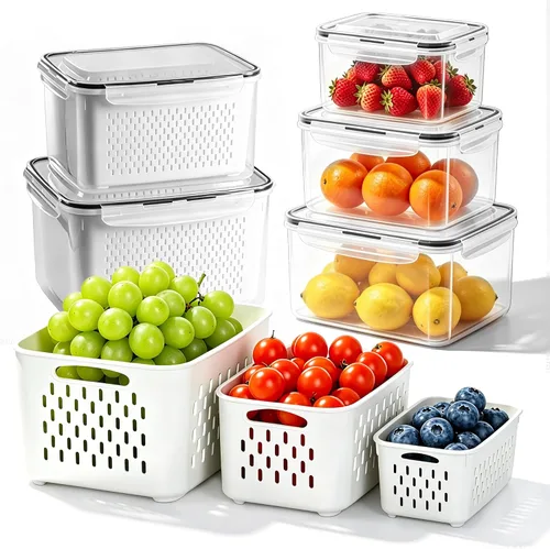 Miniatura 12 de Paquete de 2 organizadores de nevera y almacenamiento con cajón extraíble, cajones de almacenamiento apilables, organizadores de refrigerador