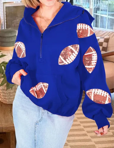 Miniatura 30 de SeekMe Sudaderas con capucha de lentejuelas para mujer, para el día del partido, suéteres de manga larga con cremallera y bolsillo