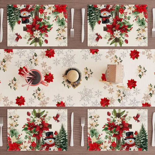 Miniatura 2 de XCHI Juego de 4 manteles individuales de mesa de Navidad con diseño de muñeco de nieve y poinsettia, manteles de mesa de invierno para decoración
