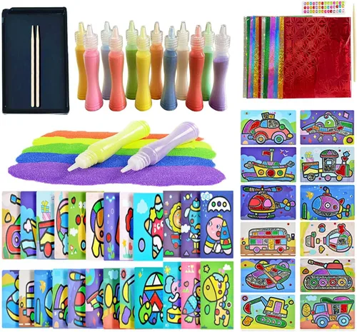 JKanruh 48 kits de arte, kits de arte de arena de 12 colores con 24 hojas de cartas de pintura de arena, 12 hojas de pintura mágica para artes y