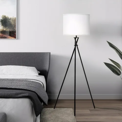 Miniatura 8 de Lámpara de pie para sala de estar, 61 pulgadas, moderna lámpara de pie trípode con pantalla blanca e interruptor giratorio, lámpara de pie negra