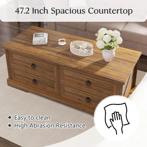 Miniatura 6 de Lareth - Mesa de café con almacenamiento, mesa de centro rústica de madera de 47.2 pulgadas con 4 cajones para sala de estar, mesa de té