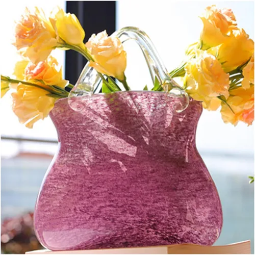 Glass Purse Vase, Multifunctional Flower Vase Glass Vase Bag Glass Purse, Glass Vase for Home Décor,Living Room,Office,Garden,Wedding,Purple