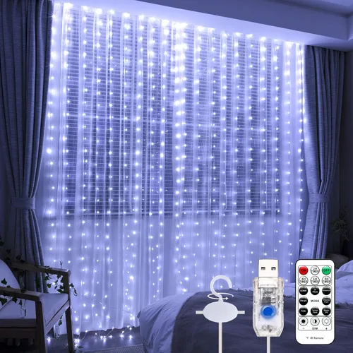 Miniatura 19 de Luz de cortina blanca cálida para dormitorio, 300 LED, 3m x 3m, luz de cadena de hadas para ventana con 16 ganchos, 8 modelos, control remoto