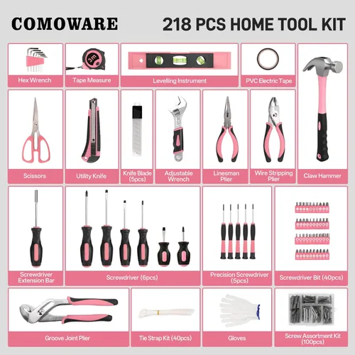 Miniatura 2 de COMOWARE Kit de herramientas para el hogar de 218 piezas, color rosa, juego de herramientas de mano básicas para el hogar con bolsa, kit
