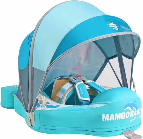 Miniatura 19 de Mambobaby Flotador con Toldo y Cola Nuevo Mejorado Flotador de Piscina No Inflable para Bebé Flotador de Natación Mambo Entrenador de Natación azul