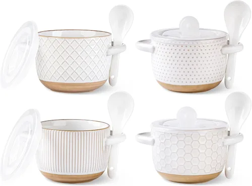 Miniatura 15 de GBhome Cuencos de sopa de 22 onzas con asas y tapas grandes, juego de 4 cuencos de cerámica con cuchara para sopa, cereales, estofado, coloridos