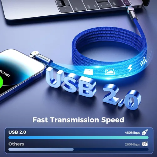 Miniatura 3 de Cable USB C a USB C de 6.6 pies, 240 W, paquete de 2 cables de carga tipo C trenzados giratorios de 180°, carga rápida para iPhone