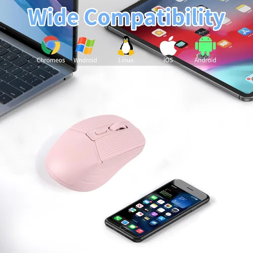 Miniatura 7 de Ratón inalámbrico Bluetooth silencioso recargable ergonómico portátil ratón óptico, modo dual, carga tipo C, con receptor USB 2.4G, para PC, Rosa