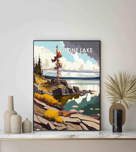 Miniatura 3 de Yellowstone Lake - Póster impreso artístico, ilustración, arte de pared, decoración de paisaje retro, paisaje, obra de arte para decoración de Lago