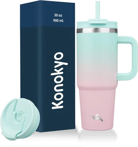 Miniatura 22 de Konokyo - Vaso de 40 onzas con asa y 2 pajillas, botella de agua aislada 2 en 1 con tapa. Taza de viaje de acero inoxidable para café, flores