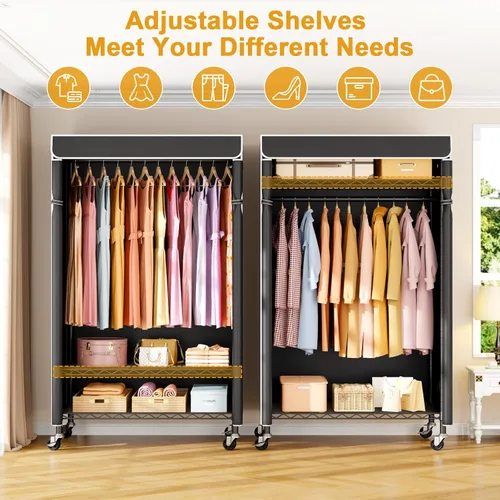 Miniatura 3 de ULIFHOME P6C - Perchero con ruedas con tapa, percheros de ropa cubiertos resistentes, armario portátil para colgar ropa, percheros con ruedas